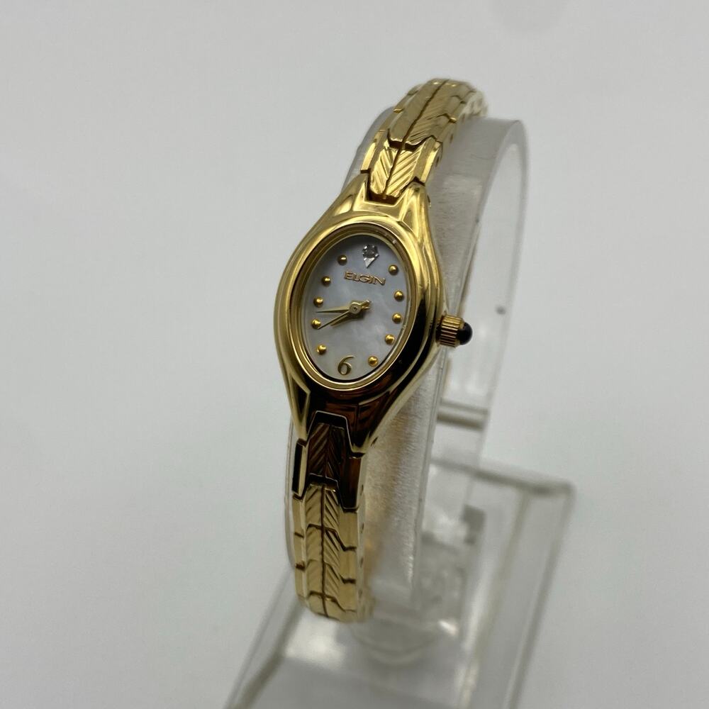Ladies Elgin Gold Tone Diamond Mother Pearl Dial Watch
